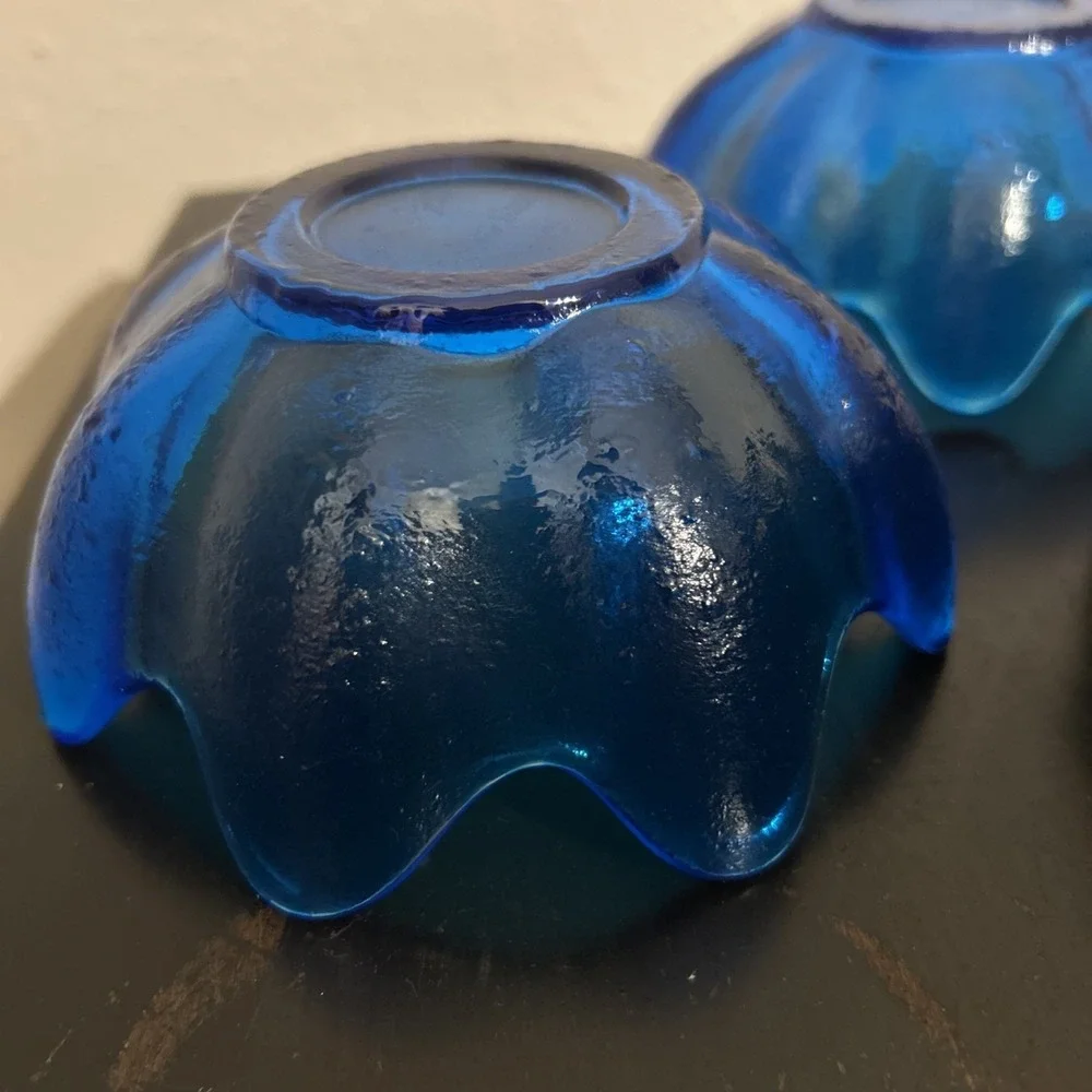 (2) VTG MCM BLENKO Art Glass Lotus Bowl‎ Blue Signed  2002 Richard Blenko - Picture 10 of 15